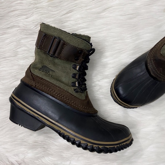 Sorel Shoes - Sorel Green Brown Leather Winter Fancy Lace Ankle Boots Duck Boots